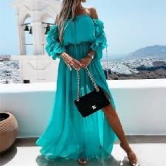 Cupshe Sexy Bohemian Off shoulder Beach Style ruffles split Turquoise Dress Sz L - Picture 2 of 11